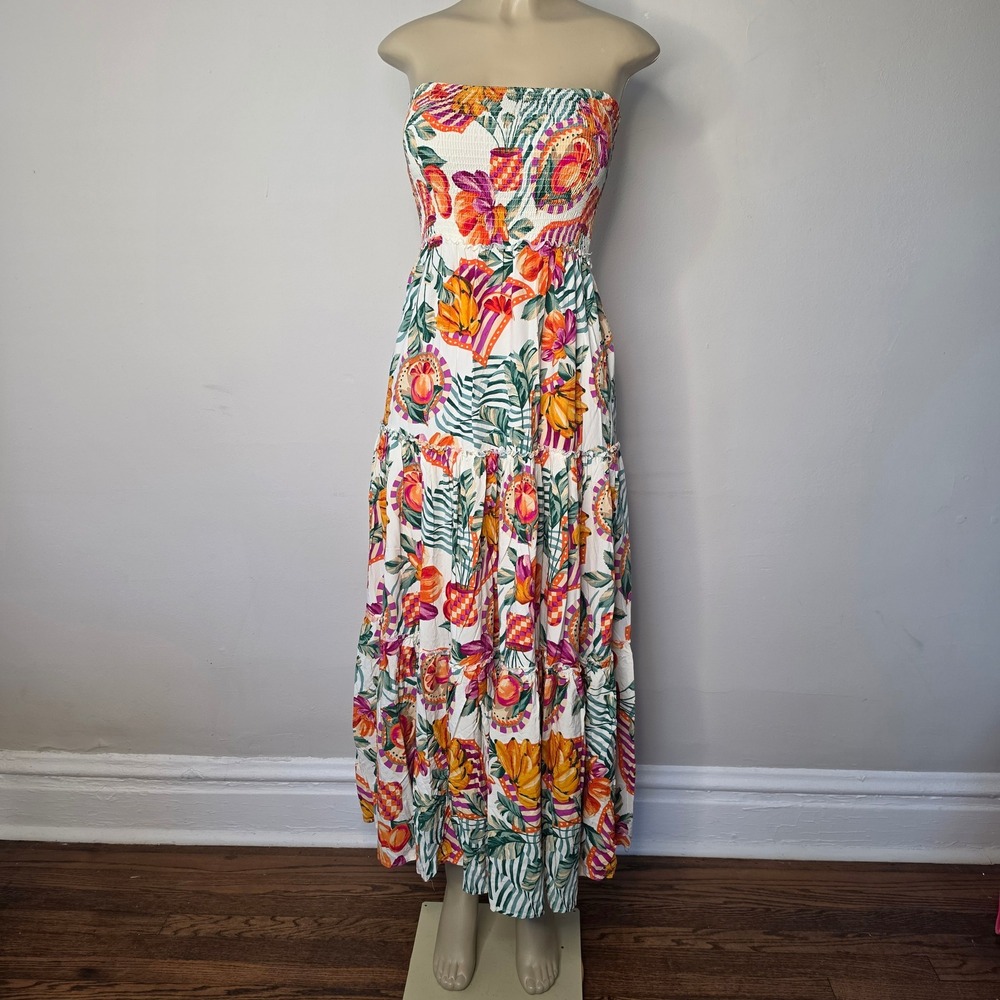 Abel The Label Dress Womens XS Multi Tropical Smocked Tiered Strapless Maxi Boho